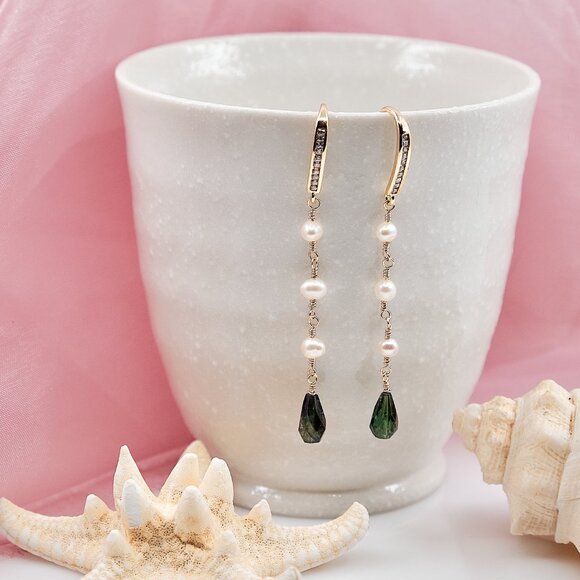 Tourmaline & Pearl Dangle Earrings, Dainty Handmade Earrings - Picture 7 of 9